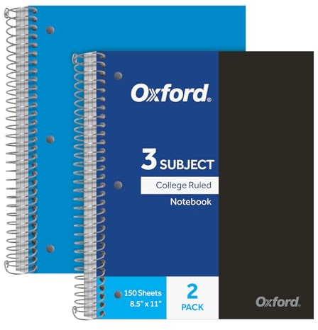 Oxford 3 Subject Spiral Notebook, Notebooks for School, Plastic Covers, Back to School Supplies, College Ruled, 150 Sheets, 2 Pack, Black and Blue (1009293)