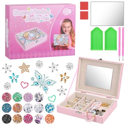 JIZZU Joyero Pintura Diamante, Caja de Joyería de Arte con Diamantes con 2 Juegos de Herramientas para Pegar, Kits para Pintura Diamantes, DIY Diamante Arte Joyero para Niños, Cumpleaños, Decoración
