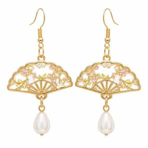 Boucles d'oreilles éventail sakura chat émaillé - Style asiatique cadeaux printemps été