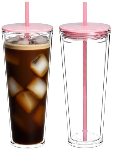 Yisituo 2 Pack 710ml Iced Coffee Cup, Plastic Tumbler with Straw and Lid, Reusable Double Wall Water and Cold Cups(2, Pink)