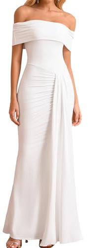 GLNEGE Off the Shoulder Formal Wedding Guest Maxi Dress for Women Fall Elegant Ruched Bodycon Cocktail Party Long Dresses White