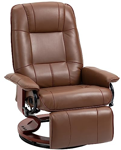 HOMCOM Fauteuil Relax Inclinable, Fauteuil de Salon, Repose-Pieds Réglable, Pivotant 360°, Piètement Bois, Revêtement Synthétique, Marron