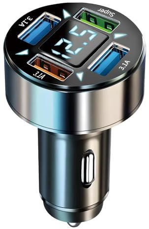 Caricabatterie Auto USB 66W, 4 Porte Caricatore Auto con Accendisigari e Voltmetro LED, Adattatore a QC 3.0 per Ricarica Rapida Universale di Smartphone, Tablet, GPS e Dispositivi Elettronici