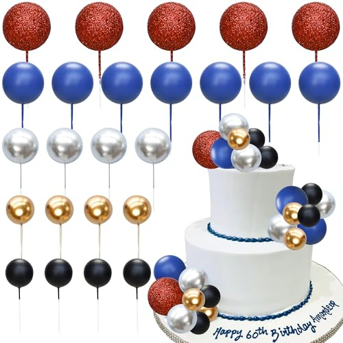 Gyufise 50Pcs Ball Cake Topper Sticks Mini Balloons Cake Decoration Foam Balls Cake Toppers for Spider Theme Baby Shower Birthday Party Supplies Red Blue Silver