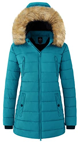 Wantdo Cappotto Caldo Invernale Giacca Media Lunga Antivento Parka con Cappuccio Staccabile in Pelliccia Giubbotto Slim Fit Idrorepellente Donna Blu Oltremare XL