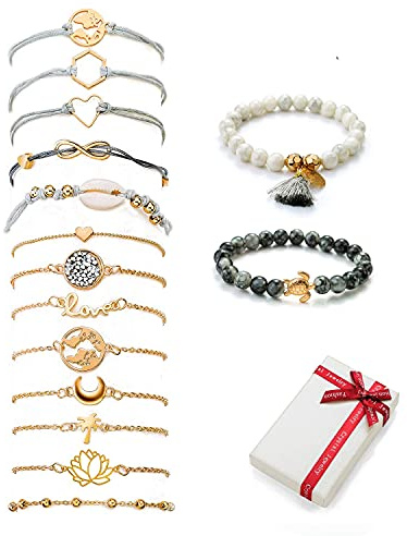 15 Pièce Femme Bracelets Ensemble kit, Boheme Breloques Tender Réglable coquille Tortue Carte du monde infini coeur Perlé Pompon Bracelet Tressé Boho Bijoux Cadeau pour Femmes Filles anniversaire Noël