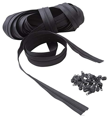 IPEA – Fermeture éclair de 10 mètres en Nylon avec chaîne Continue – Fermetures éclair au mètre en Nylon + 25 curseurs – Coupe pour Couture, 3 Couleurs au Choix – Largeur 30 mm – Couleur Noire