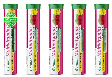 T&D German Multvitamin for Children 8 Vitamins - 100 Vegan Drink Effervescent Tablets - Raspberry Flavor - Made in Germany