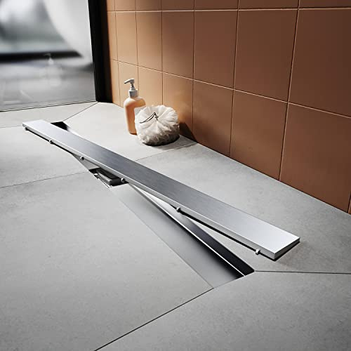 Canalina per doccia, 100 cm, in acciaio inox, 2 possibilità di montaggio, con sifone extra piatto, antiodore e filtro per capelli, set completo