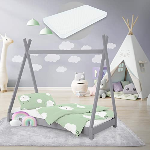 ML-Design Lit d'enfant Tipi 70x140 cm Gris Clair avec Matelas à Mousse Froide Hypoallergénique et Sommier à Lattes, Housse Amovible Respirant Lavable, Cadre de Lit Style Indien en Bois de Pin Massif