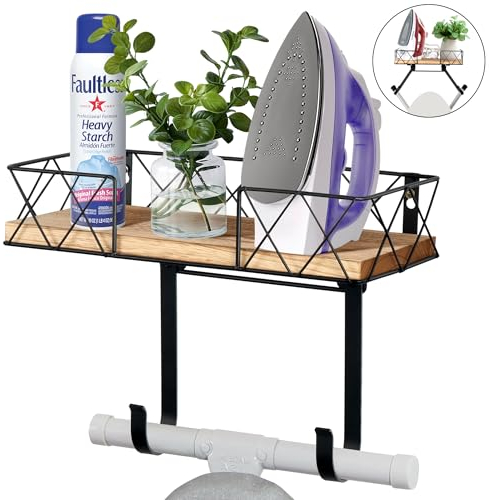 Support pour Planche à Repasser - avec Panier de Rangement en Bois et Crochets réglables - Montage Mural - Idéal pour Les buanderies, Les Chambres à Coucher - Noir