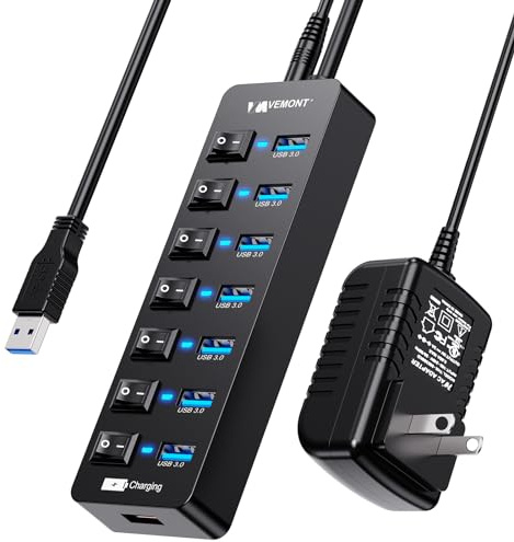 Powered USB Hub 3.0,VEMONT 7 Ports Multi USB hubs and 1 USB Smart Charging Port with 5V/3A Power Supply,USB Extension Splitter with Individual On/Off Switches and 4ft/1.2m Long Cable for PC/Laptop