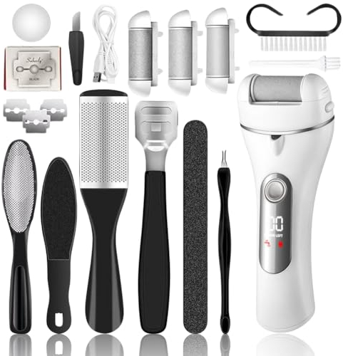 Hornhautentferner Elektrisch, Wiederaufladbares Elektrischer Hornhautentferner Set mit 3 Ersatzrollen und Hornhauthobel Diversem Zubehör, Zur Entfernung von Schwielen an den Füßen (Grau)
