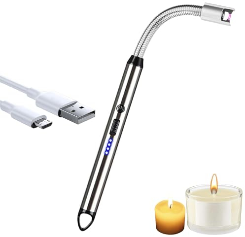 iJiGui Accendino Elettrico, Arco Elettrico Accendino da Cucina Accendigas, Accendini USB Ricaricabile, Collo Lungo Girevole a 360°, Antivento per Candele Gas Cucina Grill Barbecue(Argento)