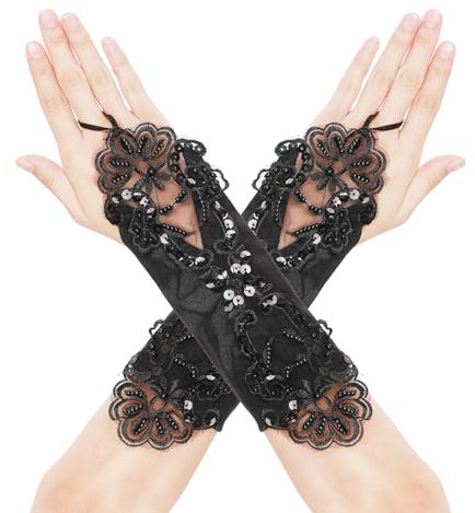 Lusofie Damen Fingerlose Satin Spitzenhandschuhe Schwarz 30cm/11.81inch Lang Brautparty Ballkleid Oper 1920er Jahre Maskerade 20er Jahre Kostüm