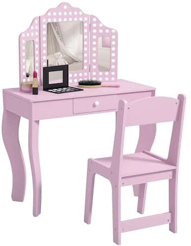 AIYAPLAY Kids Dressing Table with Tri-Fold Mirror and Stool, Kids Vanity Table, Girls Make up Desk with Drawer, for Aged 3-8 Years Old - Pink