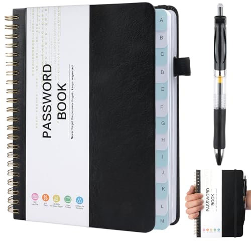 Moosono Password Book Alphabetical with Tabs, Address Books, Spiral Password Notebook, Telephone Book with Pen for Password and Address Management, Home Office 5.6×7.68 in (Black)