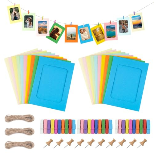 JINTANG 30 Pcs cornici portafoto in cartone,10 x 15 cmcornici di Carta Kraft per Foto DIY,Cornici di Carta,Hanging decorazione della parete,con 30 pz clip e 3 pz corde di canapa set (colorate)