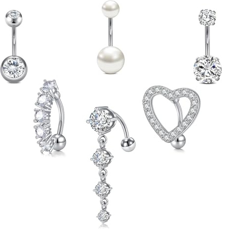 LAURITAMI 6 pezzi 14G Piercing Ombelico Argento Set, chirurgico in acciaio ombelico Piercing anello cuore inverso ombelico Piercing CZ Pearl Diamond Navel Piercing gioielli per le donne uomini