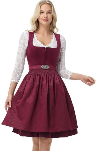 TrendiMax Damen Midi Dirndl - Elegant Samt Dirndlkleid Trachtenkleid für Oktoberfest mit Blumenmuster Schürze, Beere, 38