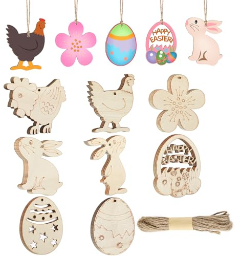 JSRQT 40 Pezzi Pendenti in Legno di Pasqua, 8 Diversi Design Coniglietto Uovo Tag Ornamenti in Legno Non Finiti, Fette di Legno Vuote Ciondolo Artigianato con Foro per Decorazioni per Casa Feste
