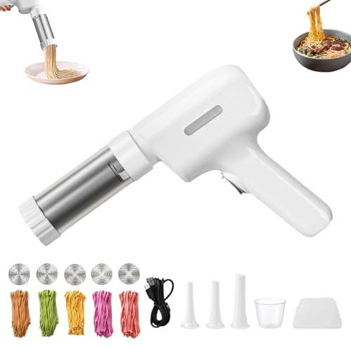 Idiyappam Maker Electric, 5-in-1 Cordless Pasta Maker, with 5 Interchangeable Molds, Handheld Portable Electric Pasta Makers Machine Noodle Makers, for Making Spaghetti, Linguine (White)