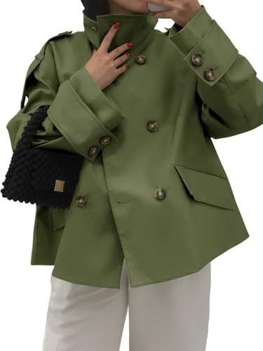 Tankaneo Womens Cropped Trench Coat Oversized Double Breasted Stand Collar Short Jacket Fall Casual Work Outerwear