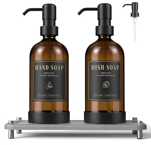 Luxspire Juego Dispensador de Jabón, Dispensadores de Jabón de Mano con Cabezales de Bomba de Repuesto, Botella de Líquido de Vidrio Rellenable 500ml para Baño Cocina, 2 Paquetes, Marrón + Gris Oscuro