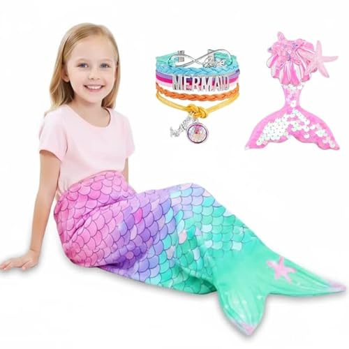 MKAKYES Couverture Queue de Sirène, Sac de Couchage Sirène, Flanelle Mermaid Couverture avec Bracelet en Épingle à Cheveux à Sequins pour Filles Enfants Adolescents, Cadeau d'anniversaire, 140 x 60 CM