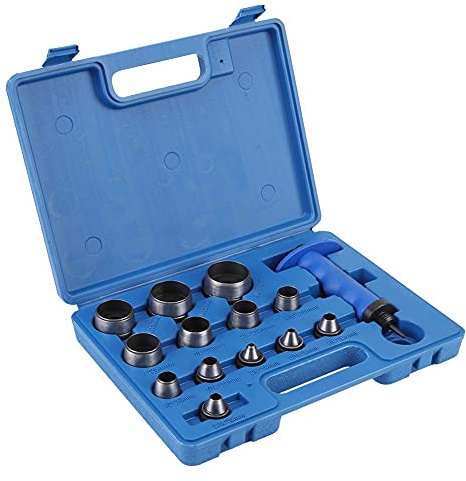 Dunnet Tools 14pc Hollow Punch Set Heavy Duty 5-35mm - Leather Hole Punch Cutter For Leatherworking Belt Plastic Rubber - Metal Hole Punch Kit With Punching Handle - Leather Tools In Plastic Case