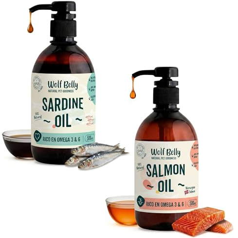 Wolf Belly - Pack Aceite de Sardina y Aceite de Salmón Natural (1l Total) | Omega 3 y 6, EPA y DHA | Piel Sana y Pelaje Brillante | Articulaciones Fuertes |para Perros y Gatos - Producido en UE