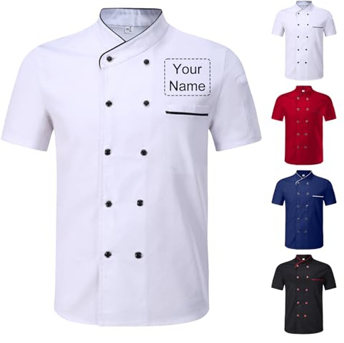 Veste de Cuisine Homme Personnalisable avec Nom Brodé Manches Courtes, Blouse de Travail Restaurant Unisexe, Tenue Cuisine Femme Professionnelle pour Hôtel Boulangerie Traiteur