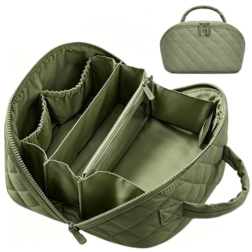 Open Flat Makeup Bag, Makeup Bag Travel with Compartments in Green | Lay Flat Makeup Bag, Travel Makeup Bag, Make Up Bag, Makeup Bag with Compartments; Green Puffer, Washable, Large Capacity