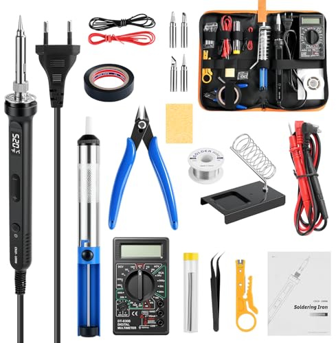 100W LCD Soldador de Estaño Kit Juego de Soldador Eléctrico Temperatura Regulable 180-520℃, Kit de Soldadura con Multímetro Digital/4 Puntas/Soporte/Estaño/Bomba Desoldadora y Pinzas