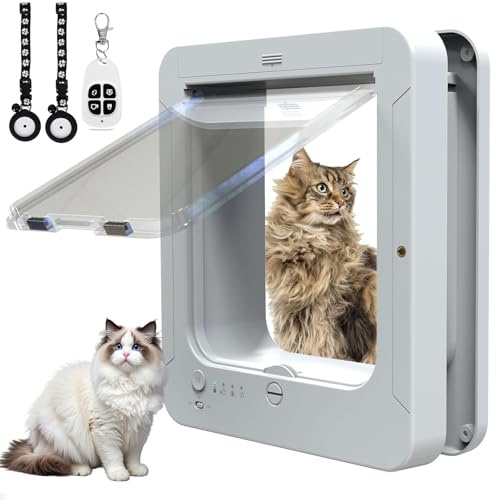 Gattaiola con Microchip 11.5 x 10, Porta Automatica per Animali con 2 Sensori RFID per Collare - Blocco a 4 Vie, Telecomando & Sportello Impermeabile per Gatti & Cani di Piccola Taglia white