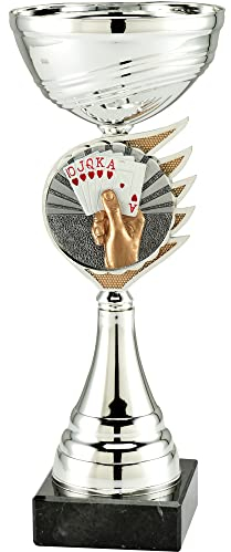 Pokal-Fabrik - Silberner Skat/Poker Pokal 26 cm aus hochwertigem Metall mit Gravur - Geschenk-Trophäe mit Kartensymbol & Marmorsockel - Personalisiertes Geschenk - Wanderpokal Kartenspiel Zubehör