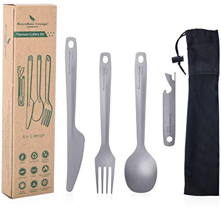 Boundless Voyage 4 Pieces Utility Cutlery Set Titanium Spoon Fork Knife & Bottle Opener for Travel Camping with Carry Case Ti1066T