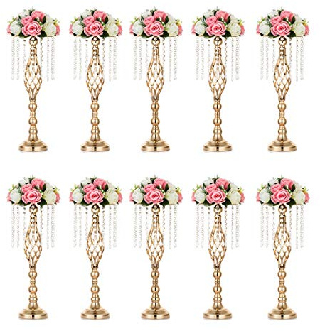 Sziqiqi Tall Metal Gold Vase for Wedding: Wedding Table Centrepieces 10pcs | with Crystal Bead Chain, Sparkling Flower Stand, 55cm, Reception Table, Party, Birthday, Celebration, Ceremonies, Events