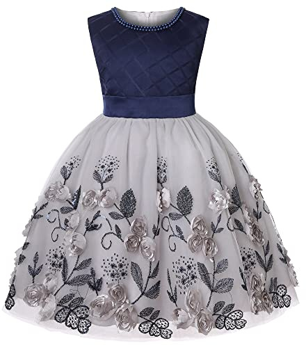 BUNNY LULU Robe pour Filles à épaule inclinée pour Demoiselle d'honneur, Princesse de Mariage, nœud d'anniversaire pour Enfants, soirée de Bal de fête de Boule (Bleu,7-8Ans)