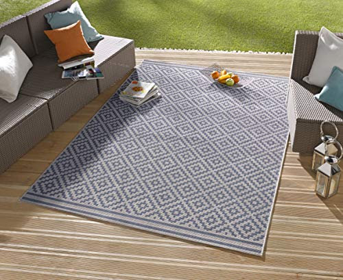 NORTHRUGS In- und Outdoor Teppich Raute 240x340cm - Wetterfest Modern Geometrisches Raute Muster Design Teppich für Balkon Terrasse Garten Wintergarten Wohnzimmerteppich Wasserfest in Blau Creme