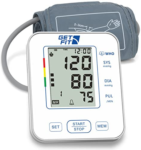 Get Fit Blood Pressure Monitor CE Approved UK for Home Use - Medical Upper Arm Blood Pressure Machine - Heart Rate Monitor - Hypertension Detector - Adjustable 22-32cm Large Adult Cuff - LCD Display