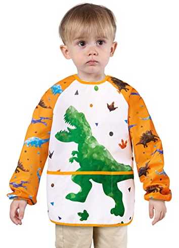 WERNNSAI Dinosaurier Malschürze Kinder - Kinderschürze für Jungs im Alter von 3–8 Jahren Wasserdichte Kleinkinder Kunstkittel Malerei Malkittel Kinder mit Langen Ärmeln und 3 Taschen