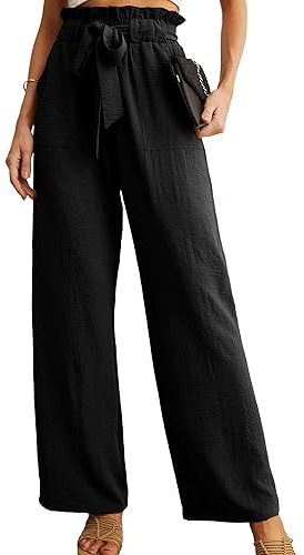 IWOLLENCE Women Wide Leg Trousers for Women UK Palazzo Elasticated High Waist Ladies Work Casual Pleated Paperbag Pull On