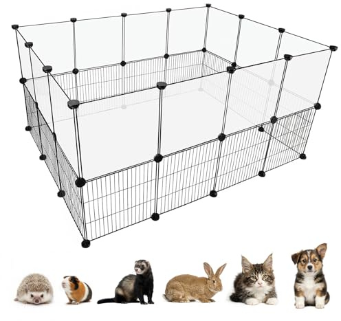 Pet Playpen Indoor, Transparent Clear + Wire Small Animal Playpen, 28 Panels (11.8) DIY Plastic Enclosure, Expandable Pet Fence Indoor for Guinea Pigs, Bunny, Hamsters, Hedgehogs, Puppies & Kittens