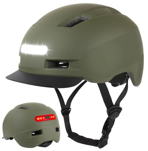 Shinmax Fahrradhelm Herren Damen, Helm Fahrrad mit USB Licht 5 Modi Fahrradhelm mit Visier, Mountainbike Helm Rennradhelm Erwachsen für Scooter Urban Pendler Green L