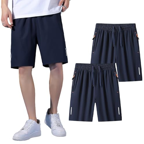 Jamron Hombre Tallas Grandes Pack de 2 Pantalones Cortos de Deporte de Running con Bolsillos con Cremallera y Banda Reflectante Azul + Azul 5XL