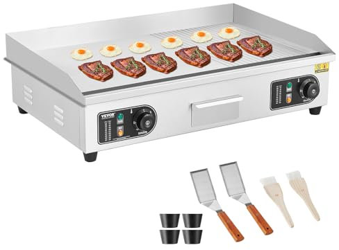 VEVOR Piastra Elettrica Commerciale, Piastra Half-Flat Top da 4400 W, Temperatura Regolabile 50-300°C, 73 x 40 x 1 cm Piastra in Acciaio Inossidabile con 2 Pale 2 Spazzole per la Casa Ristorante