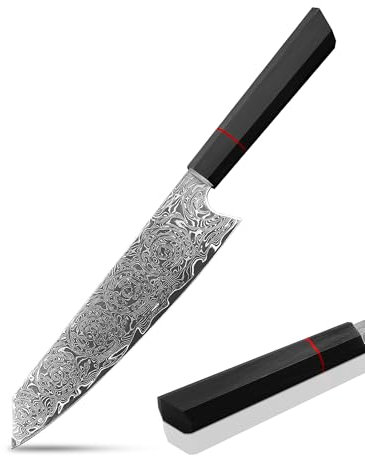 Coltello Damasco Kiritsuke Coltello da Cucina Affilato Giapponese: Coltello in Acciaio Damasco da 20 cm - Verdura, Professionale, Manico in Legno Nero