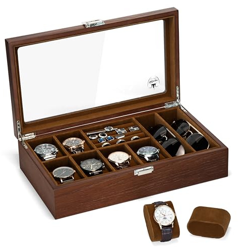 Slege Porta Orologi in Legno a 6 Posti,Scatola Portaorologi,Scatola per Orologi,Organizer per Occhiali da Sole,Porta Gioielli,Portagioie Uomo,Vetro Trasparente,per Anelli,Orecchini,Fermacravatta