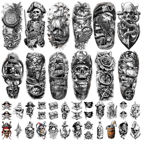 77 Sheets Pirate Skull Temporary Tattoo for Women Men, 17 Sheets Half Arm Large Flower Skeleton Octopus Fake Tattoos, 60 Sheets Anchor Clock Black Tiny for Adult Kids Body Tattoos Stickers Realistic